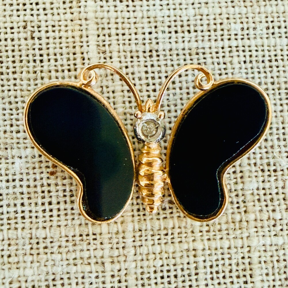 Vintage 14K Gold Black Onyx Butterfly Brooch | Diamond Accent 2.2 g